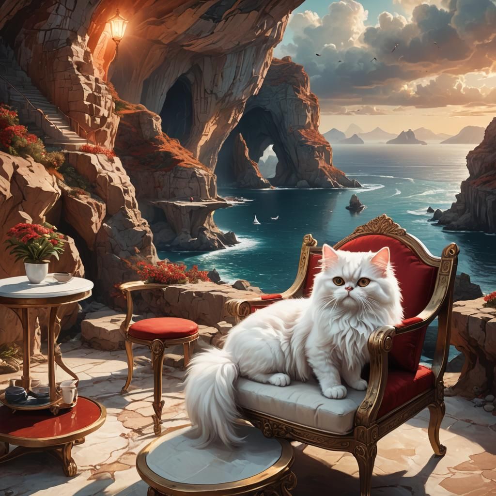Persian Cat Overlooking Ocean: Concept Art