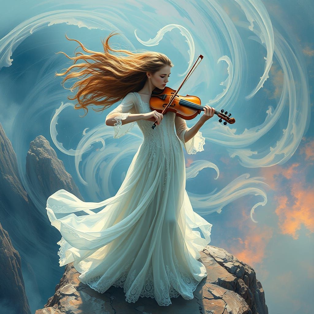Ethereal Violinist on Windswept Cliff
