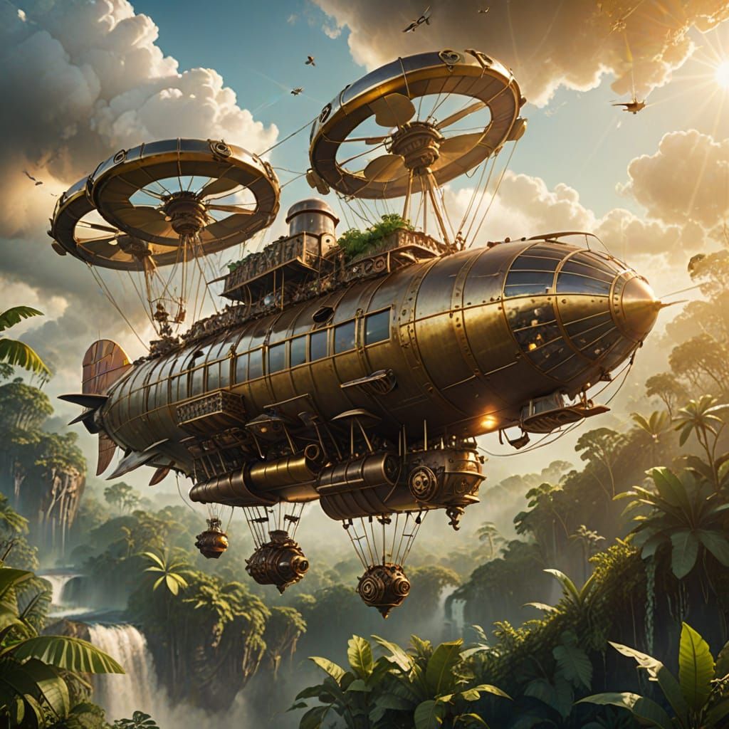 Steampunk Airship Over Jungle in Golden Light
