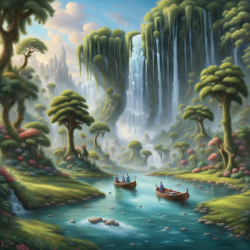 Giant Hand Landscape with River in Ethereal Style