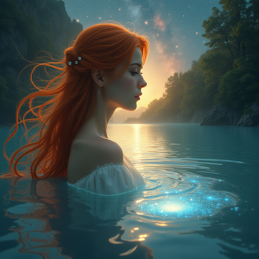 Dreamy Woman Gazing into a Cosmic Lake