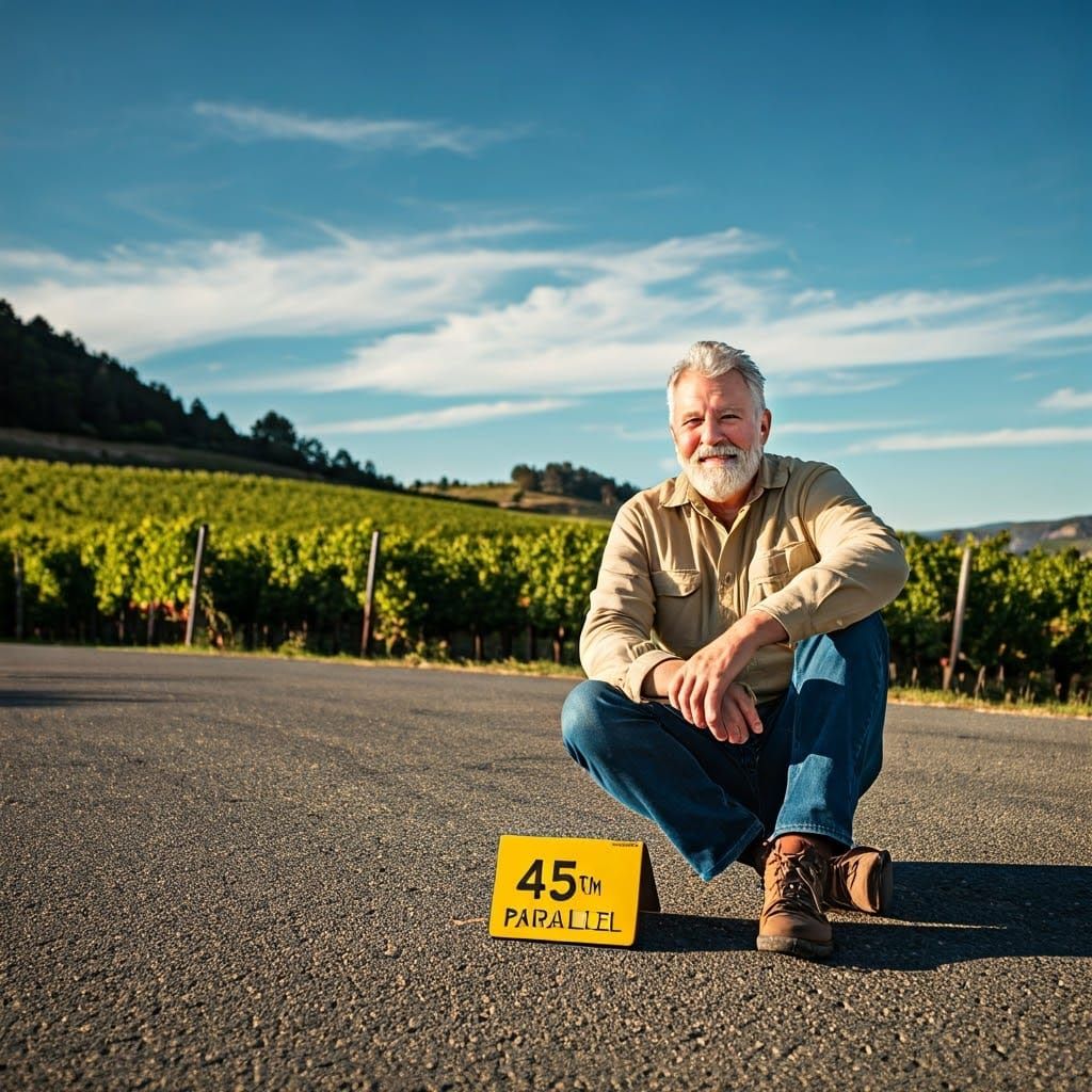 Geologist at 45th Parallel in Pastoral Landscape