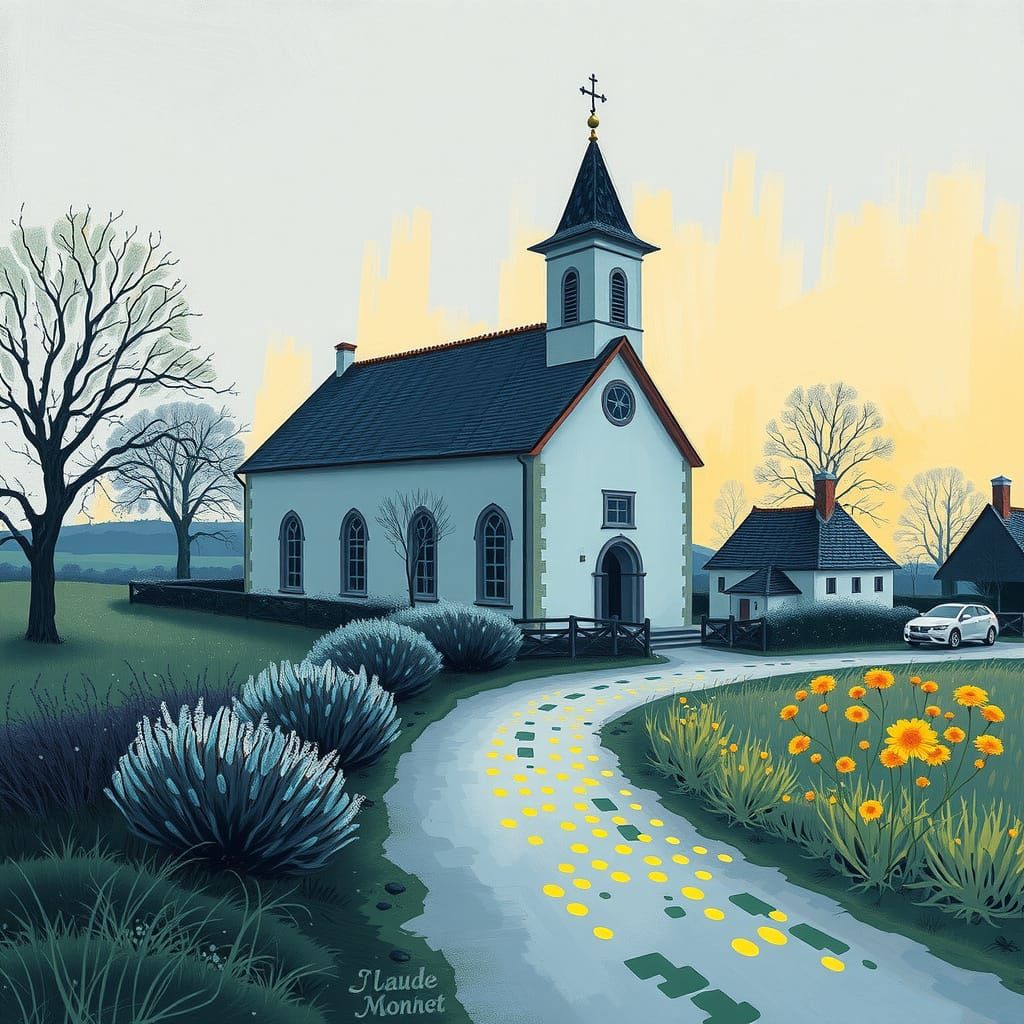 Impressionist Village Church Scene in Vibrant Split-Compleme...