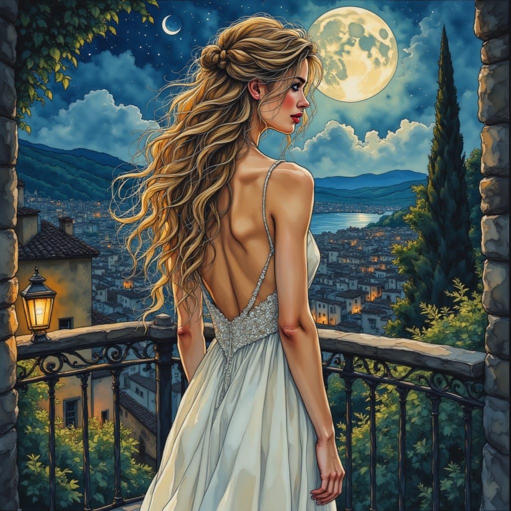 Woman on Moonlit Balcony in Sensual Comic Art Style