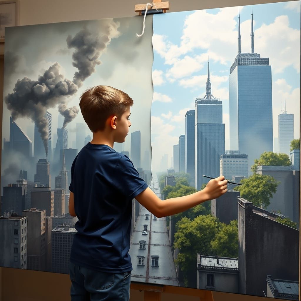 Contrasting Cityscapes by Young Artist in Hyperrealism