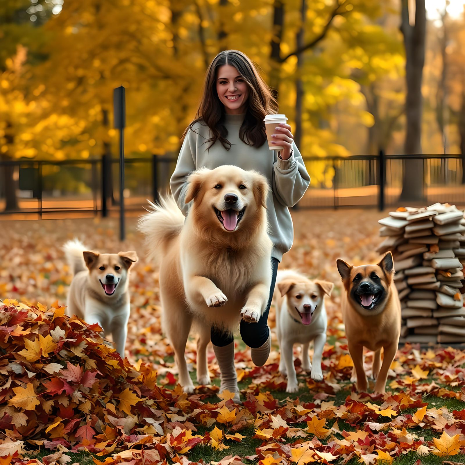 Woman and Dogs Play in Autumn Leaves