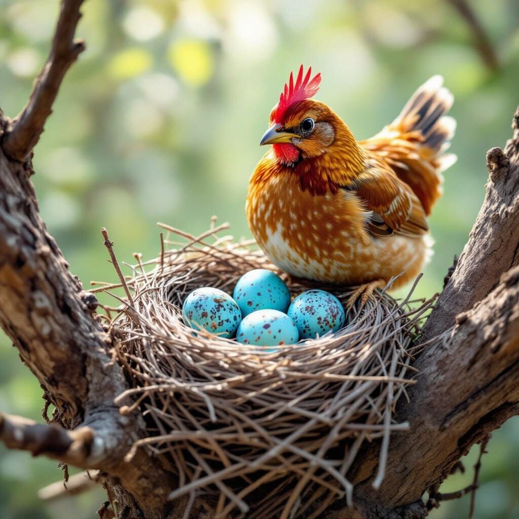 Chicken Guards Robin's Nest with Four Blue Eggs