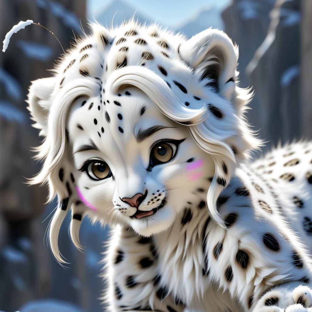 Cheerful Snow Leopard Portrait with Volumetric Lighting
