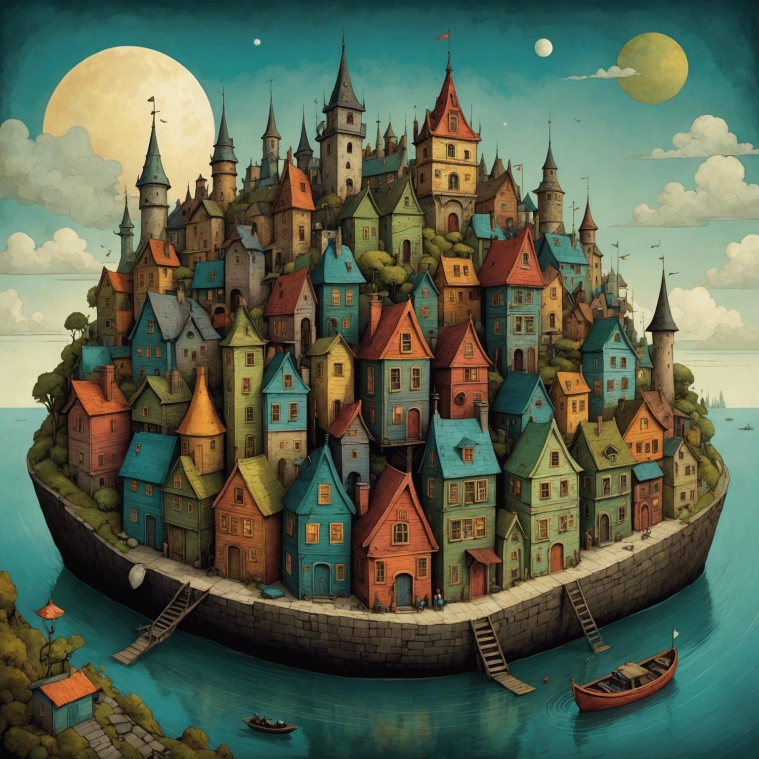 Quaint Island Town in Surreal Comic Art Style