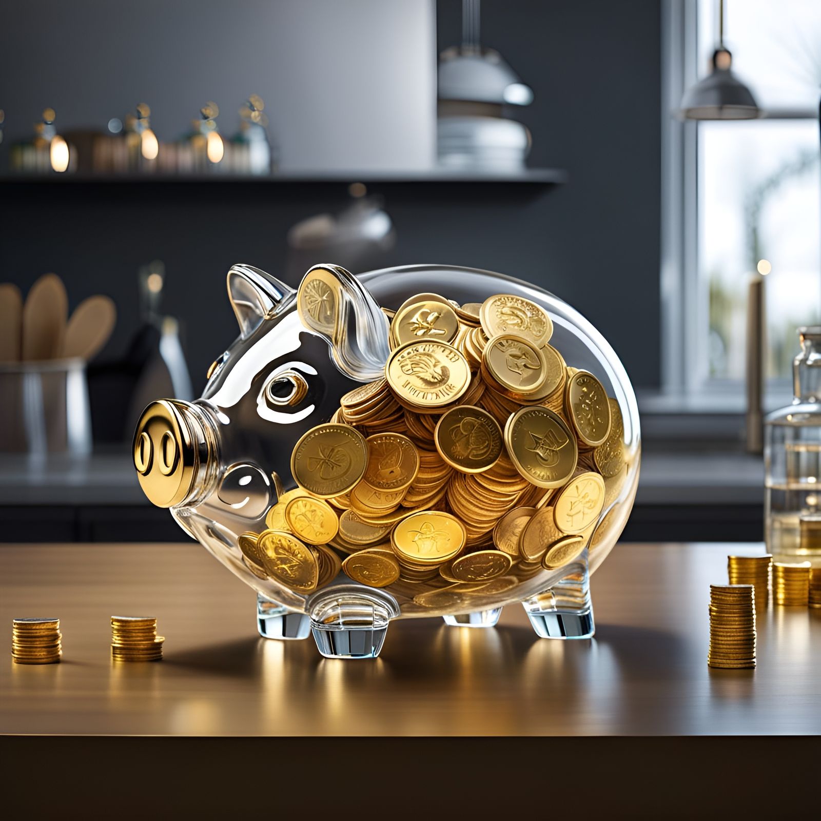 Hyper detailed transparent blown glass piggy bank with golden coins inside of it, fancy kitchen in background, hyper rea...