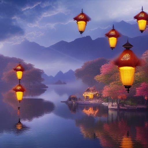 Floating Lanterns Over Shimmering Lake