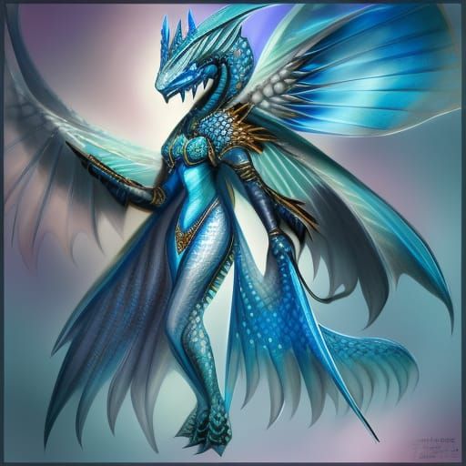 Detailed Blue Dragon Girl in Filigree Armor