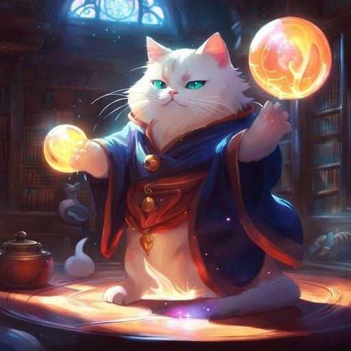 Anime Cat Sorcerer in a Magical Library