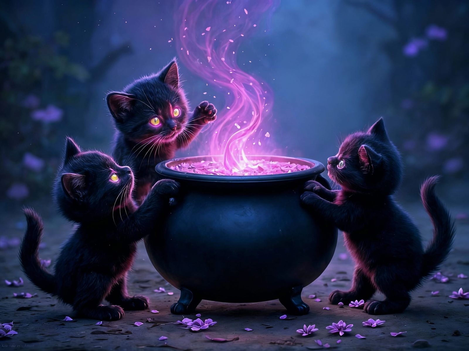 Black Kittens Play Around Witch's Cauldron