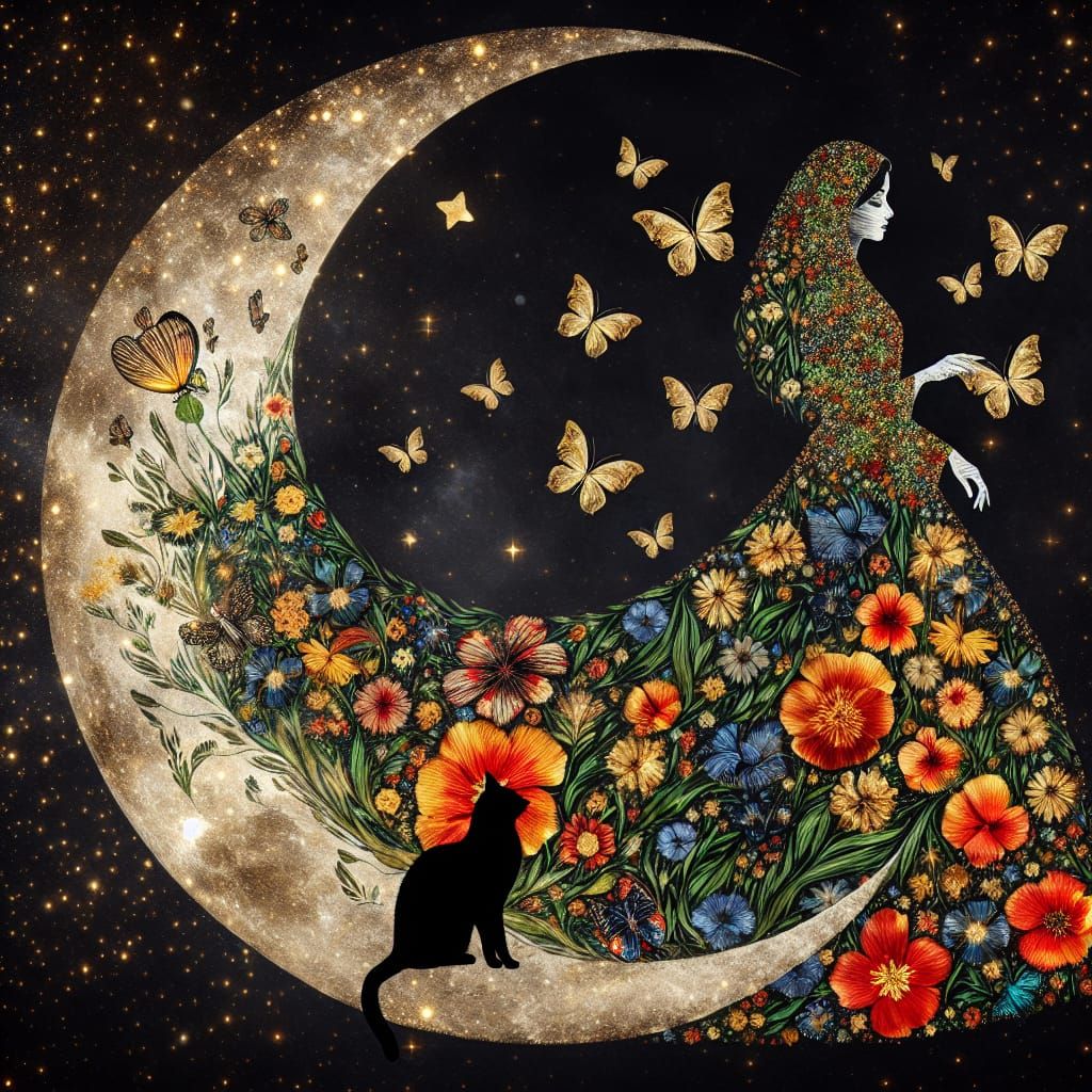 Woman in Floral Dress and Crescent Moon