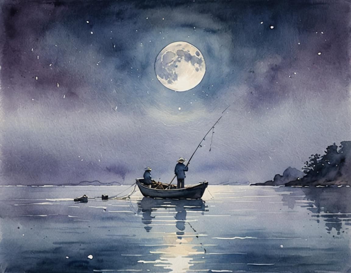 Fisherman Casting Net by Moonlight in Watercolor