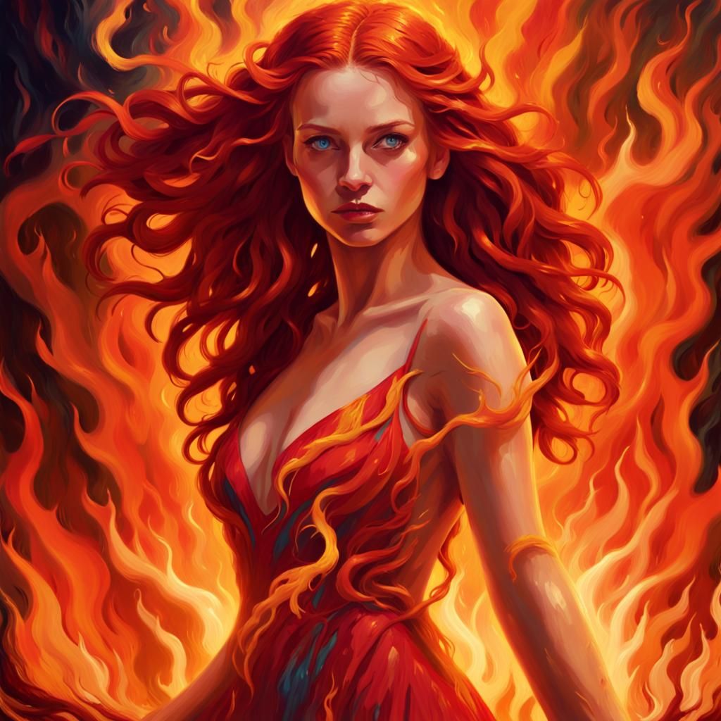 Fiery Woman in Flames: A Vibrant Oil Painting
