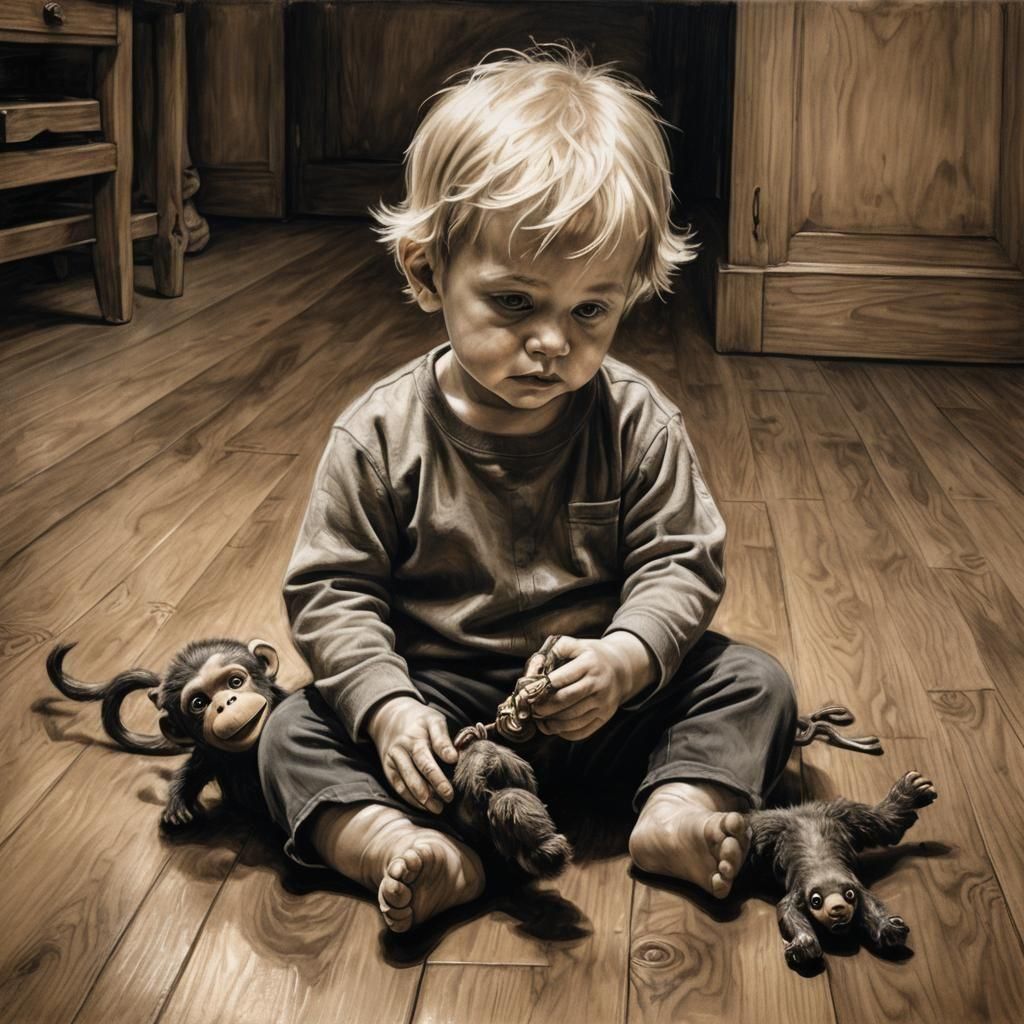 Eerie Charcoal Oil Painting of Baby Boy with Toy