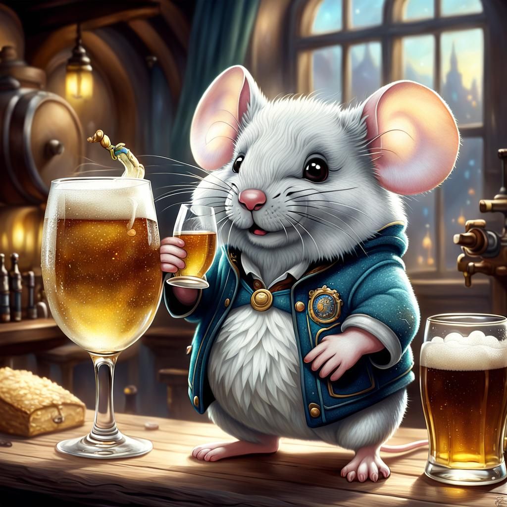 Chibi Mouse Drinks Wine, Ethereal Fantasy Art