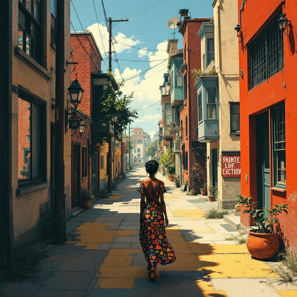 Geometric Folk Surrealism: Figure Walking in Quiet Streets