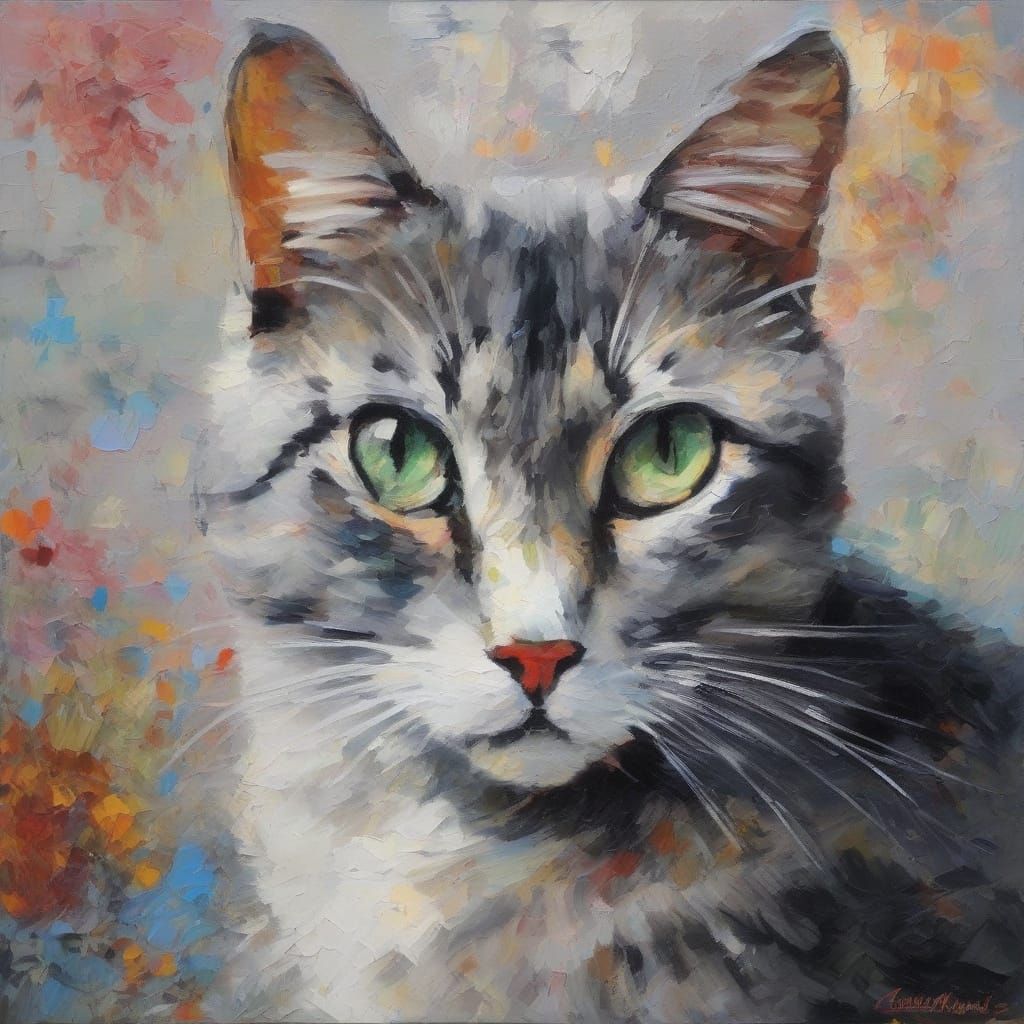 Gray Cat in Neo-Impressionist Oil Painting