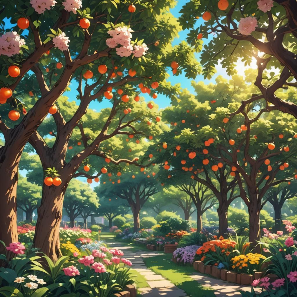 Lush Garden with Flowers and Fruit Trees in Anime Style