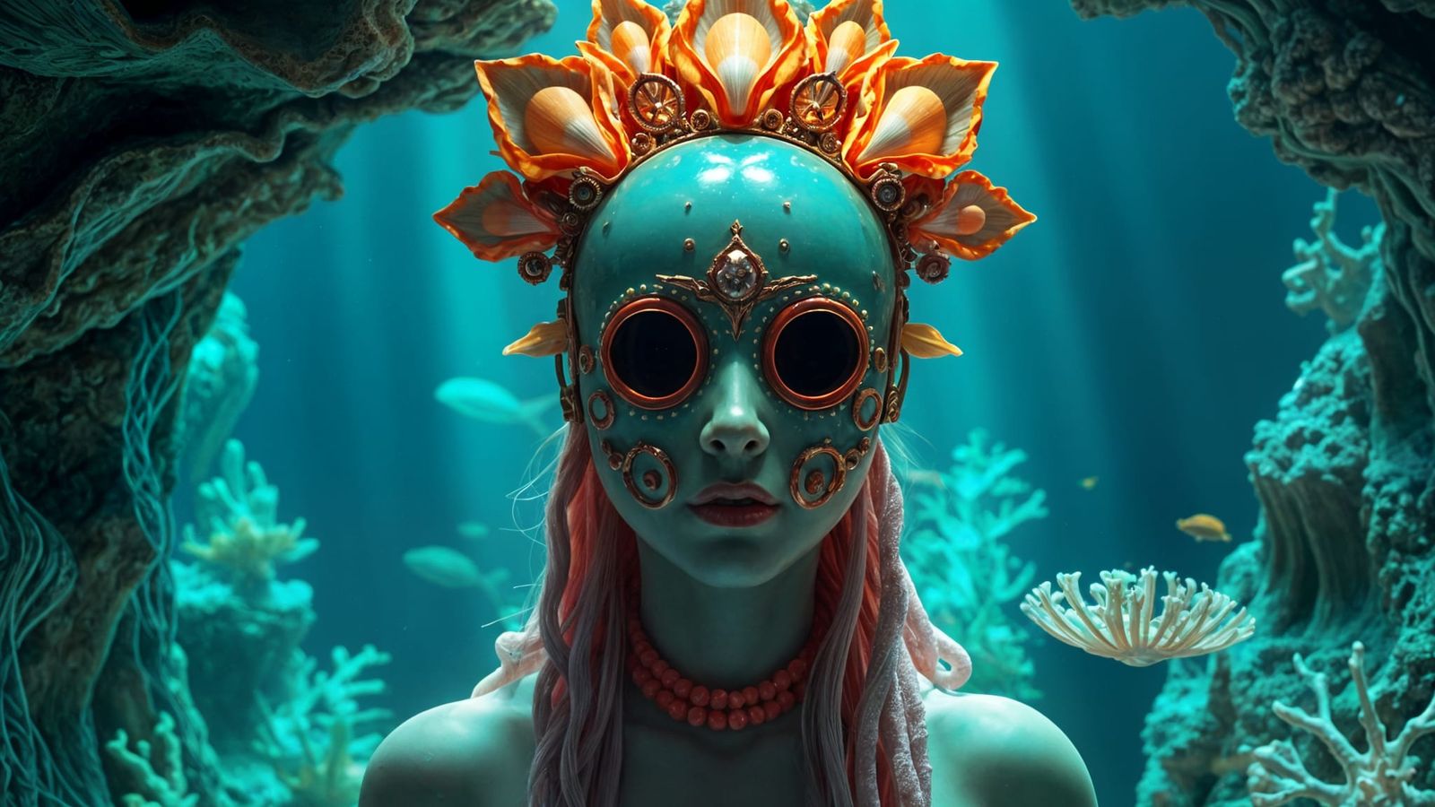 Surreal Marine Deity in Bioluminescent Grotto