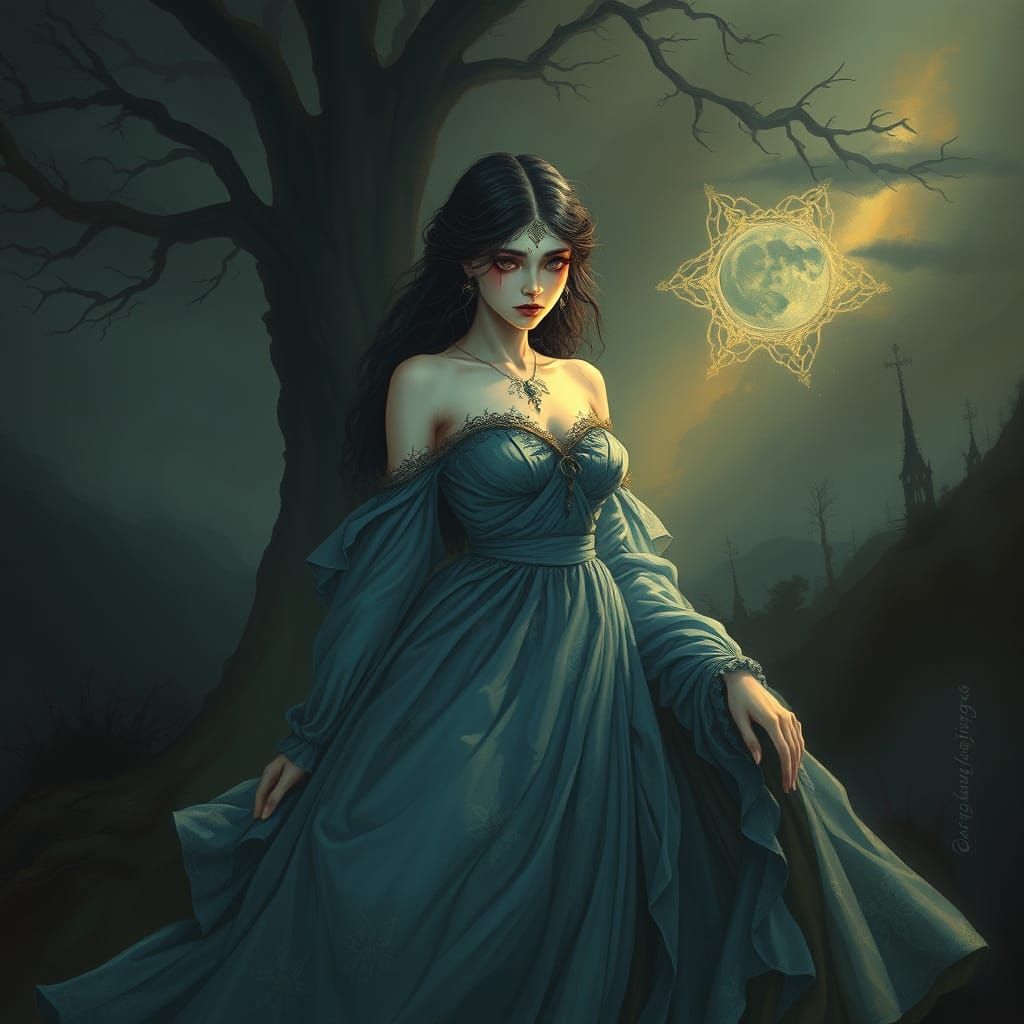 Sorrowful Woman in Mystical Landscape, Baroque Style