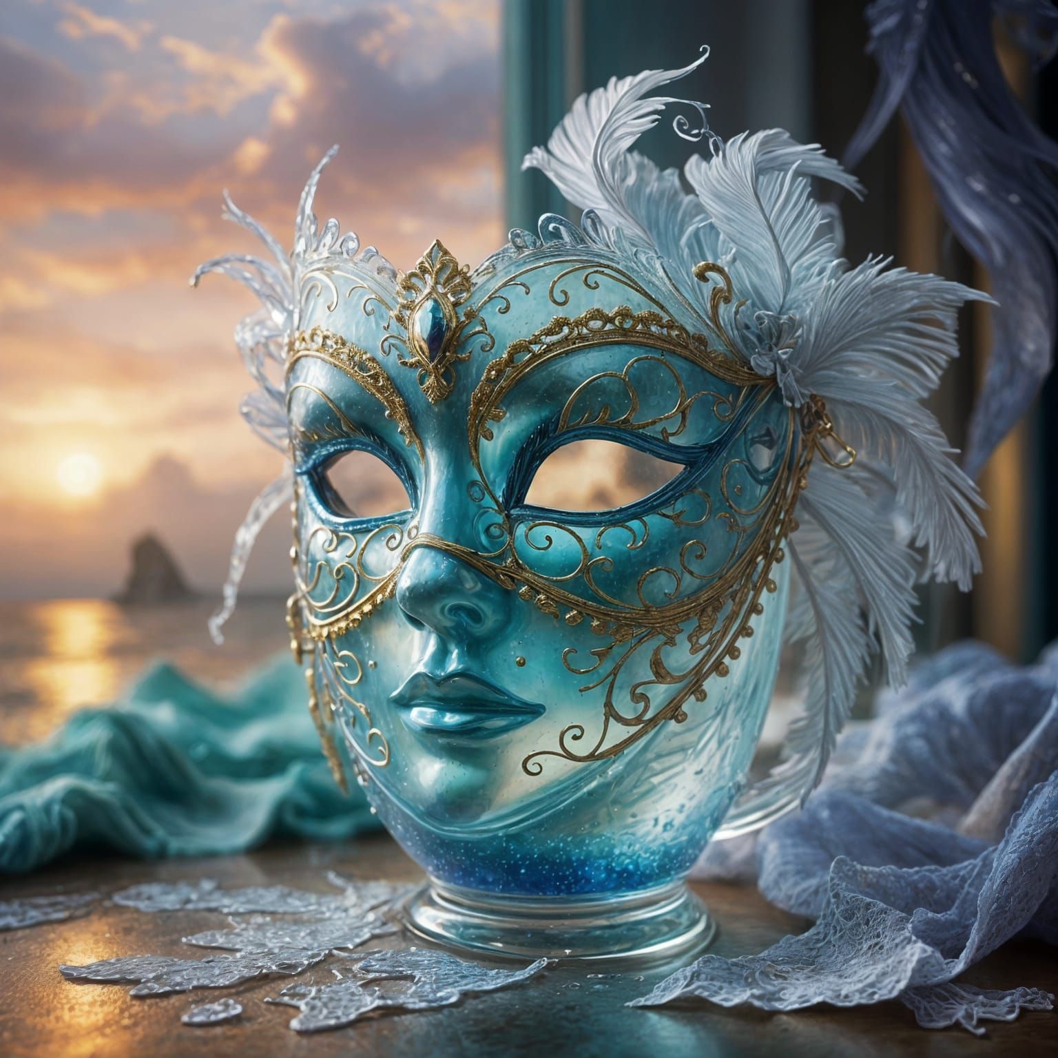 Carnival Mask With Ocean Storm Pattern In Glass Cup