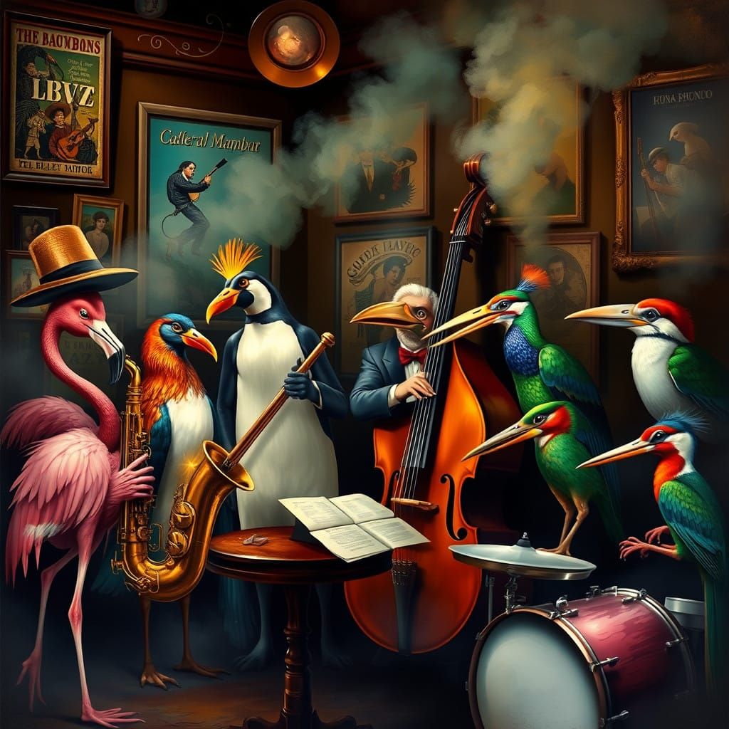 Birds Unite in Smoky Jazz Bar, Inspired by Toulouse-Lautrec