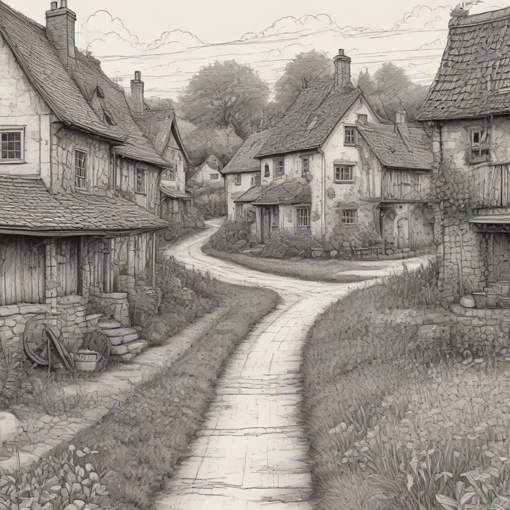 Whimsical Ink Illustration of a Rural Village