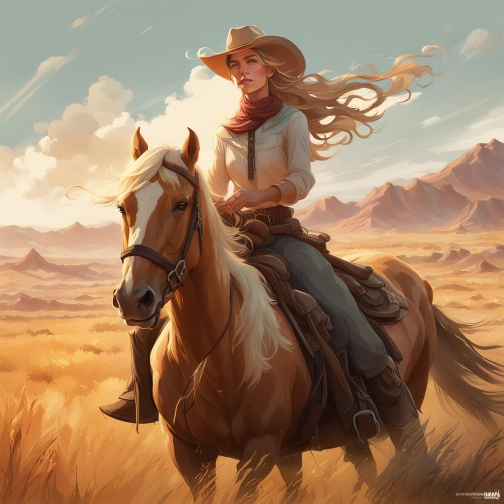 Cowgirl on Palomino Horse in Prairie Wind