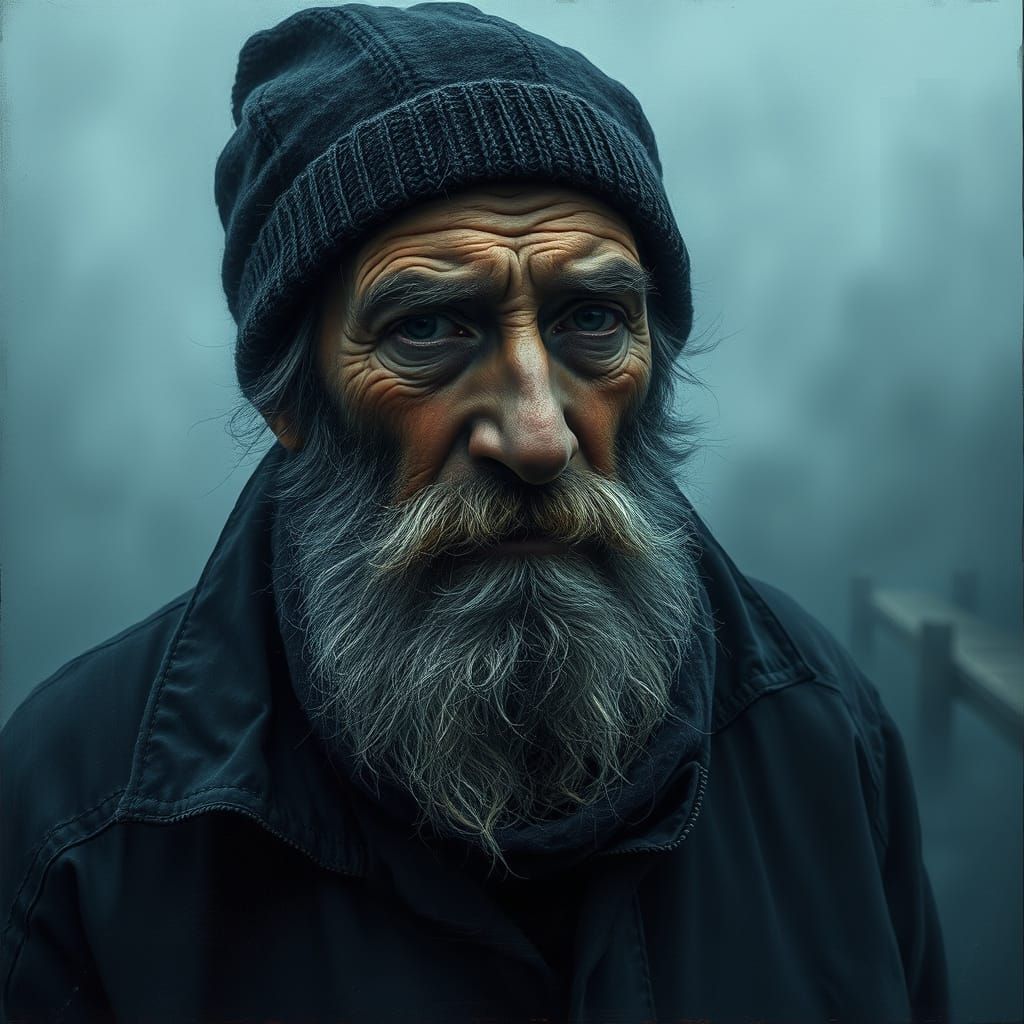 Grizzled Fisherman in Misty Atmosphere, Impasto Style