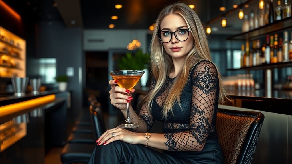 Elegant Woman at Modern Bar in Fashion Editorial Style