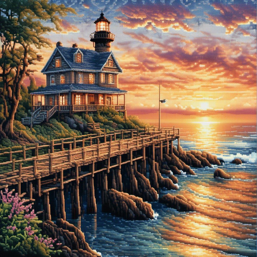 Lighthouse and Fishing Boat in Cross-Stitch Style