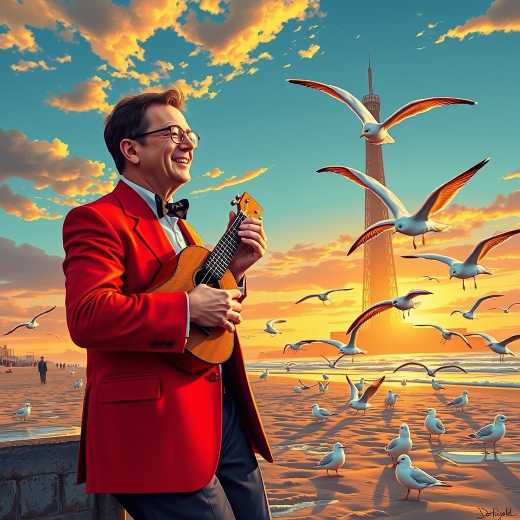 Ukulele Serenade on Blackpool Beach at Sunset