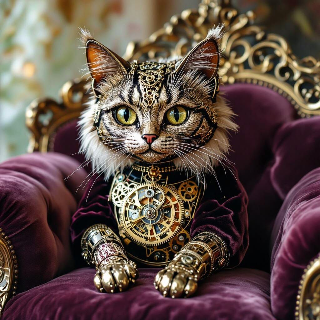 Neo-Victorian portrait. Close-up shot. A clockwork cat with ...