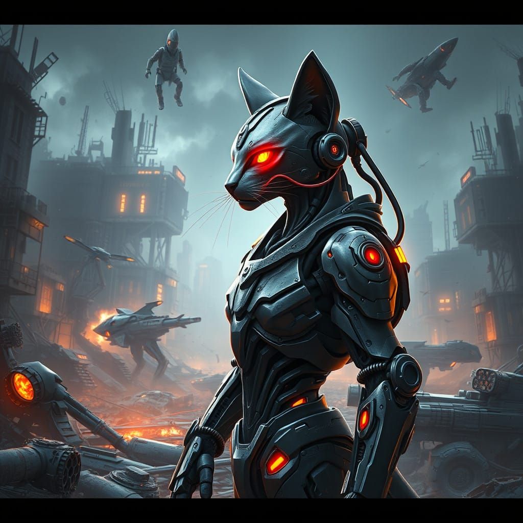 Cyberpunk Feline Warrior in Post-Apocalyptic Wasteland