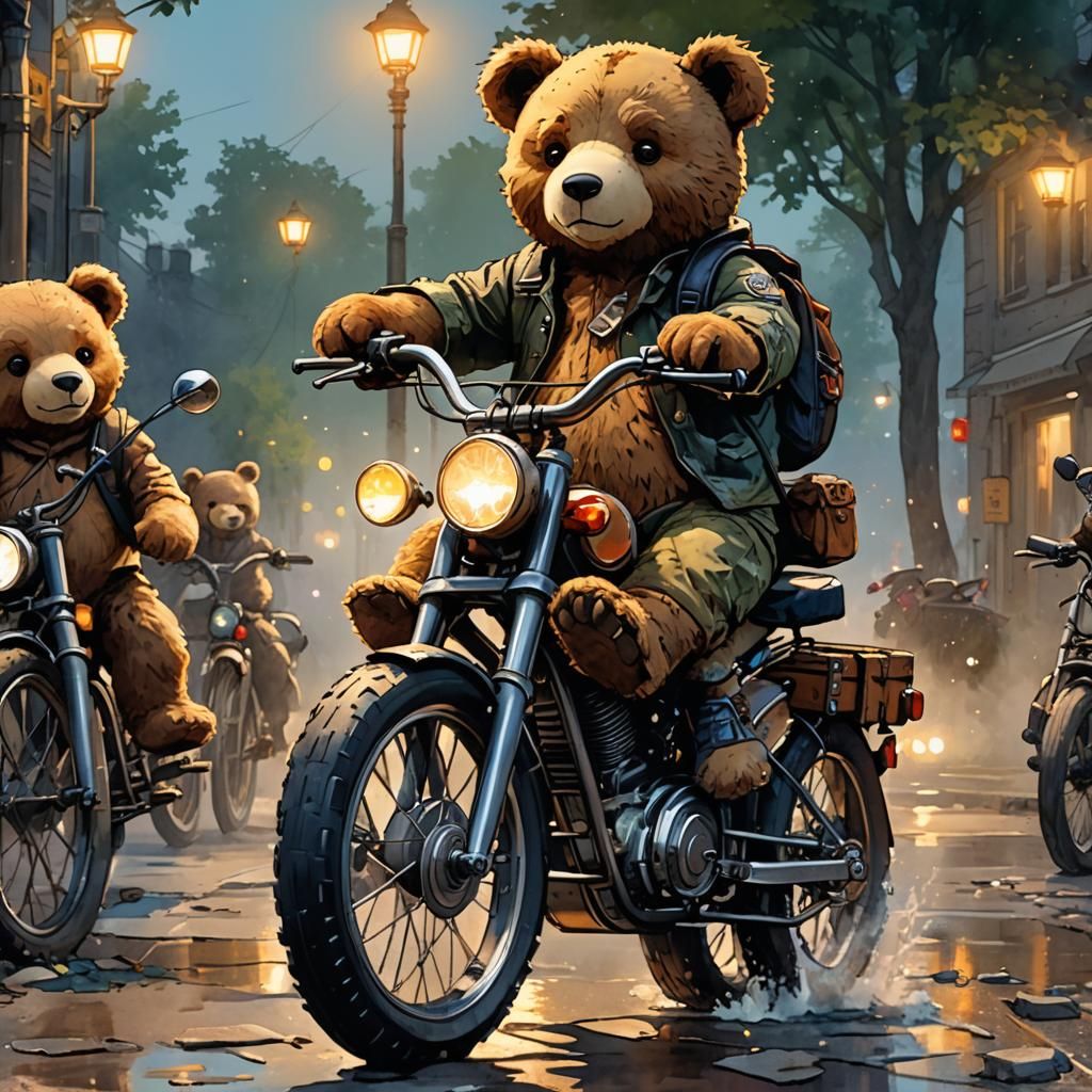 Teddy Bears on Bike at Dawn in Watercolor
