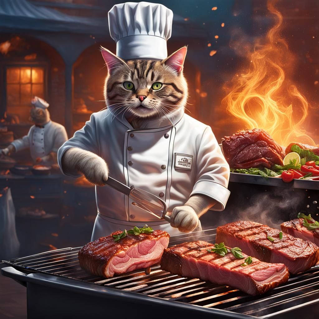 Cat Chef Roasting Meat on BBQ: Hyperrealistic Art