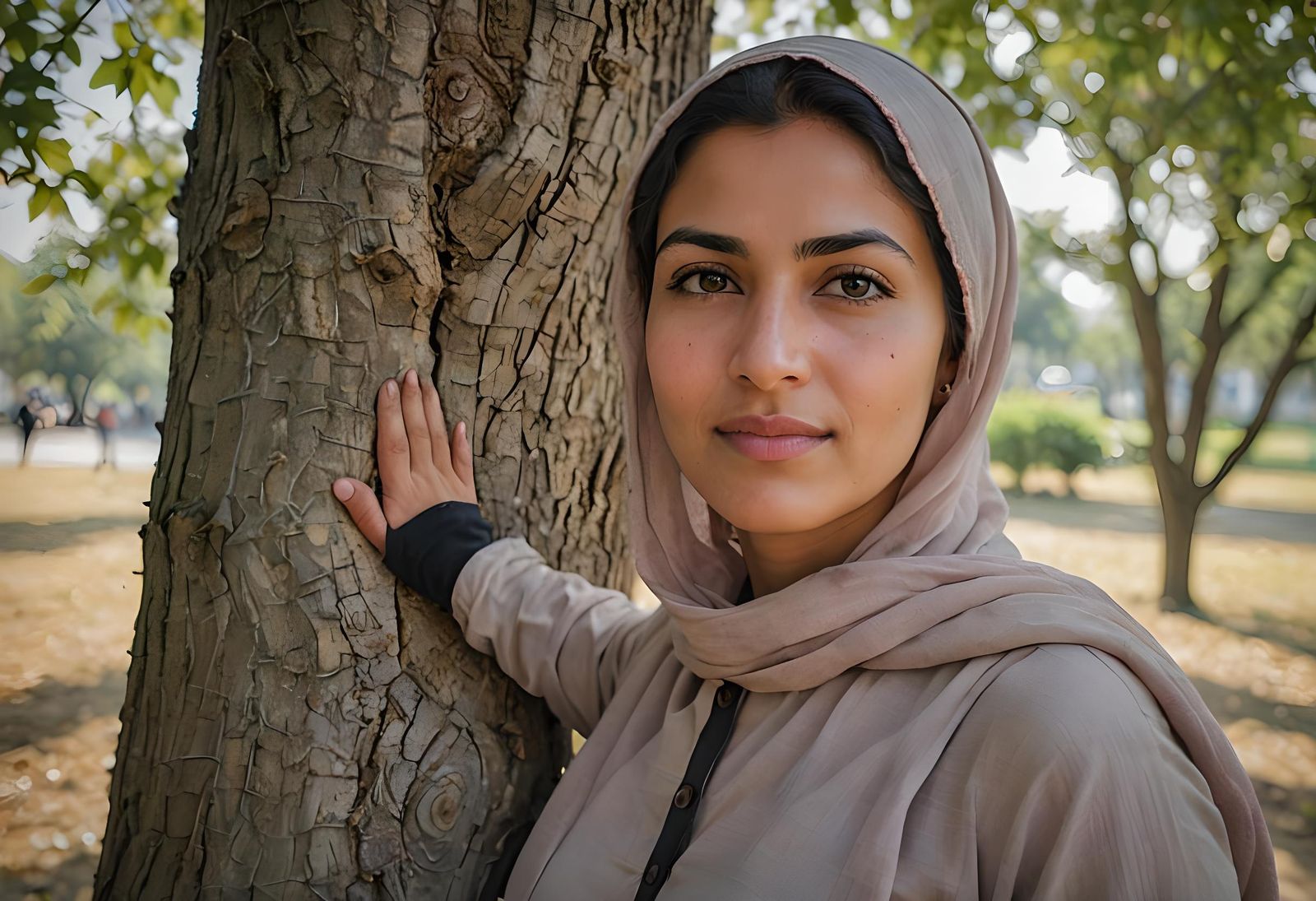Portrait of Muslim Woman Leaning Against Tree
