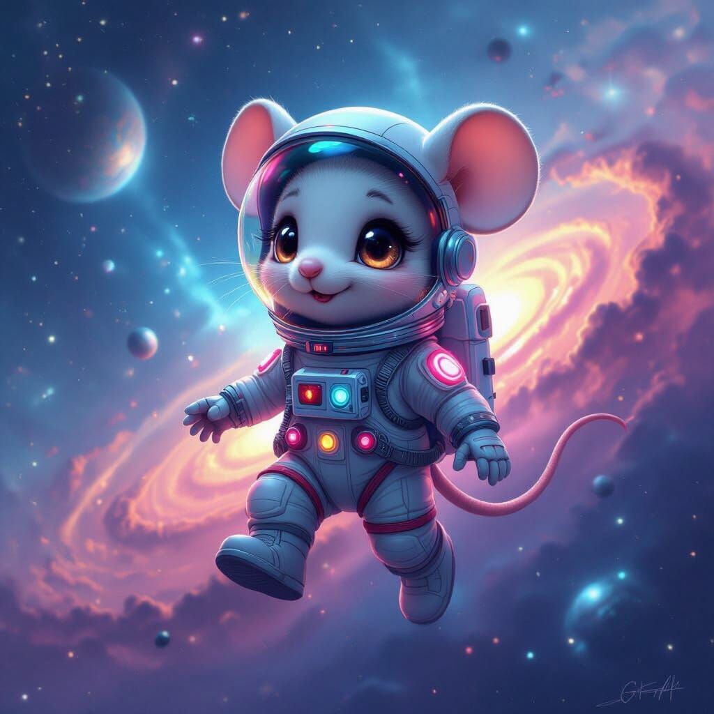Chibi Mouse Astronaut's Cosmic Impressionist Journey