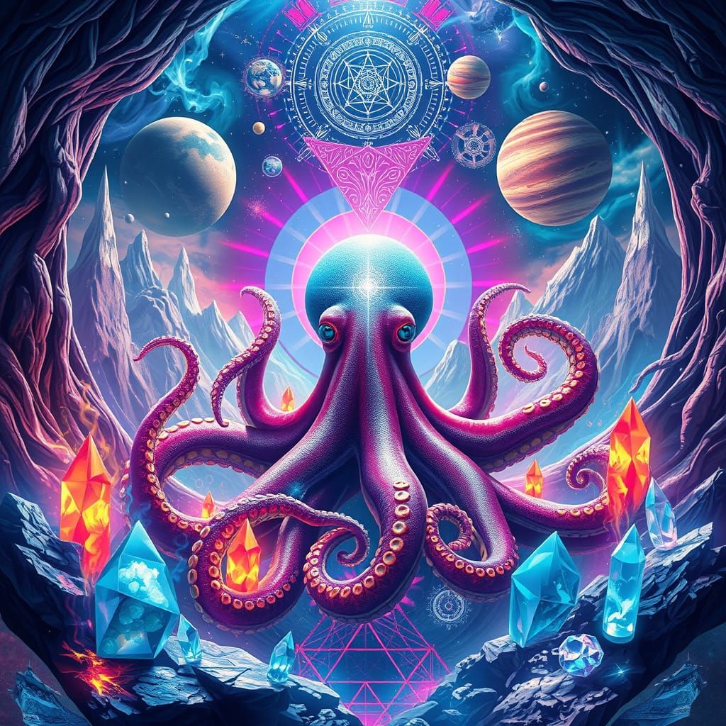 Mystical Octopus with Crystals in Sci-Fi Landscape