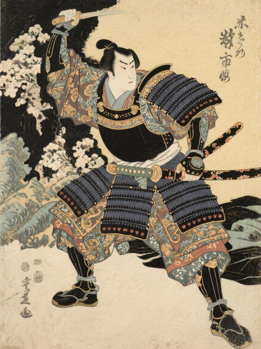 Heroic Samurai in Ukiyo-e and Oil Painting Style