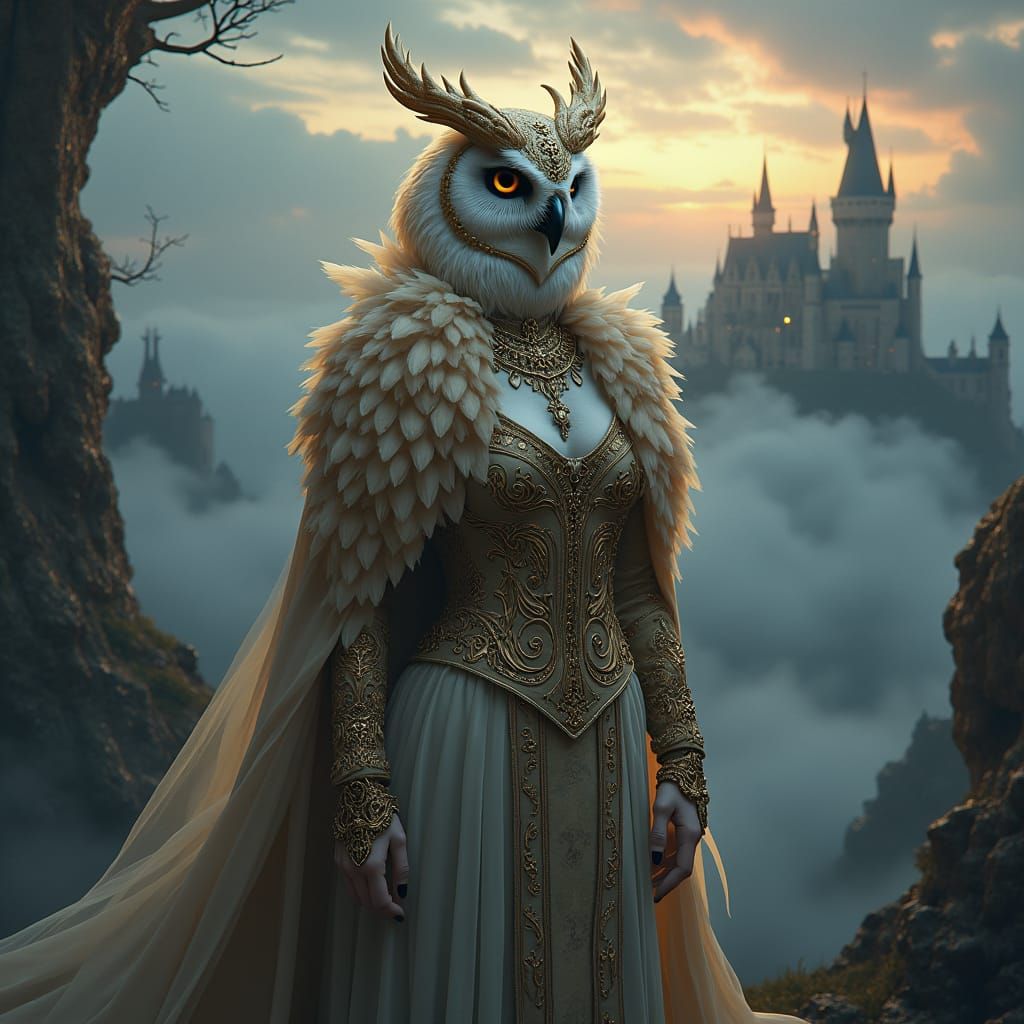 Regal Owl Queen in Fantasy Landscape