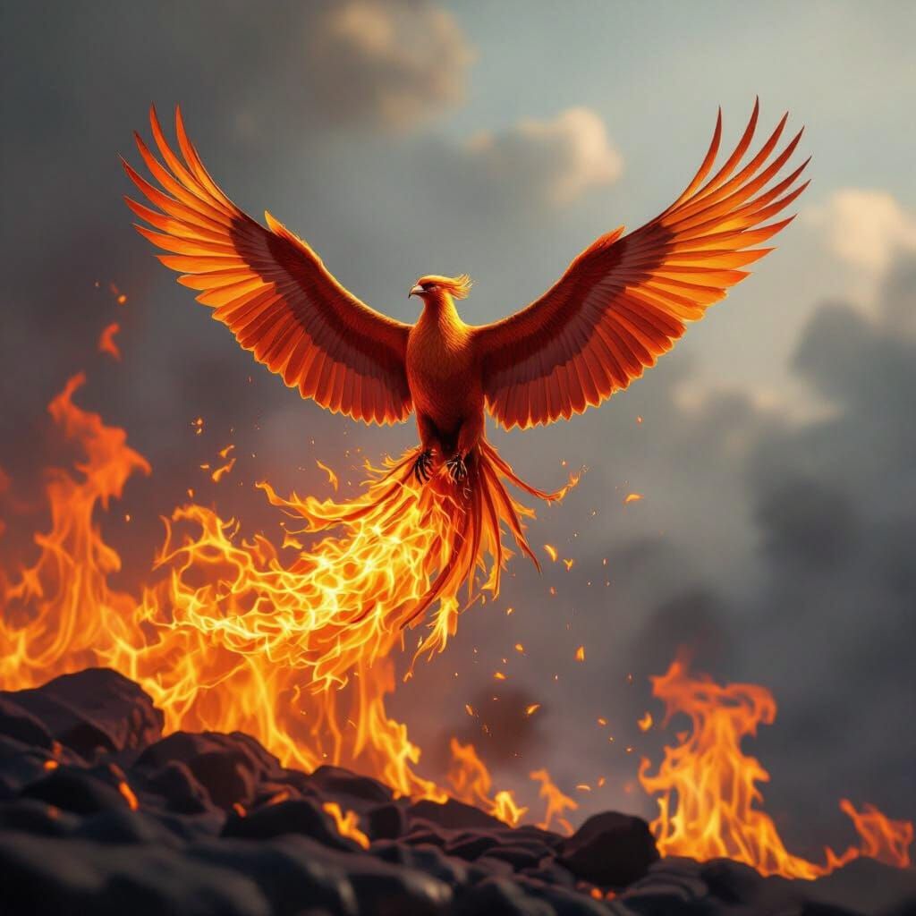 Majestic Phoenix Soars Above Enormous Fiery Flames