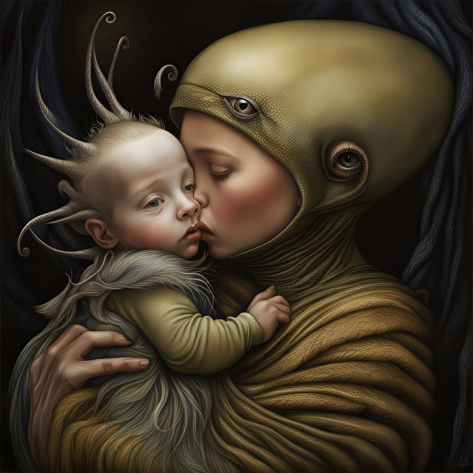 Tender Alien Cradling Newborn: Hyperrealistic Magical Realis...