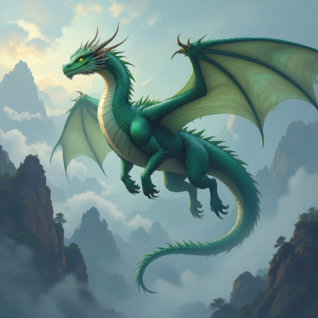 Jade Dragon Soaring Through Misty Skies