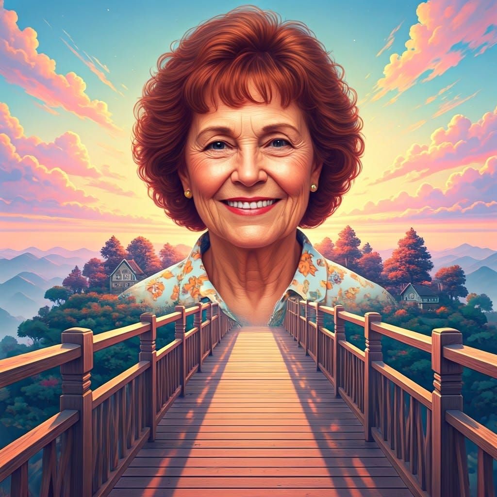 Ethereal Bridge to Pastel Dreamscape with Woman