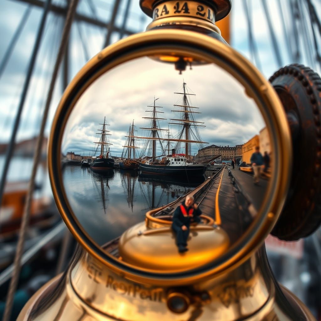 Harbor Reflected in Vintage Brass Bell